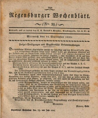 Regensburger Wochenblatt Mittwoch 25. September 1822