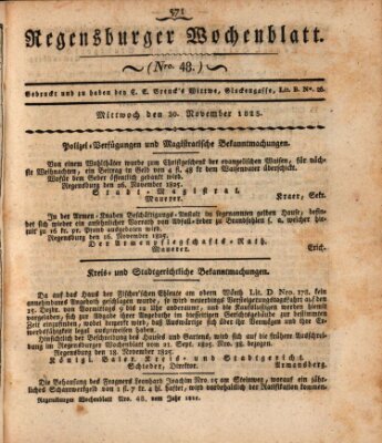 Regensburger Wochenblatt Mittwoch 30. November 1825