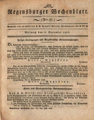 Regensburger Wochenblatt Mittwoch 13. September 1826