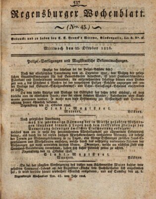 Regensburger Wochenblatt Mittwoch 25. Oktober 1826