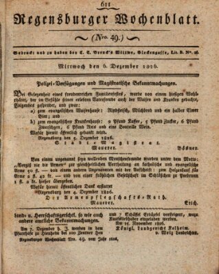 Regensburger Wochenblatt Mittwoch 6. Dezember 1826