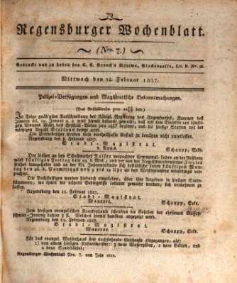 Regensburger Wochenblatt Mittwoch 14. Februar 1827