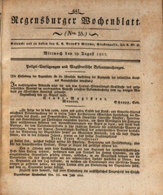 Regensburger Wochenblatt Mittwoch 29. August 1827