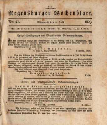 Regensburger Wochenblatt Mittwoch 8. Juli 1829