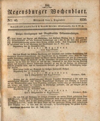 Regensburger Wochenblatt Mittwoch 1. Dezember 1830