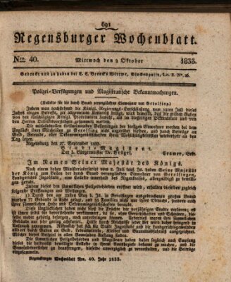 Regensburger Wochenblatt Mittwoch 2. Oktober 1833