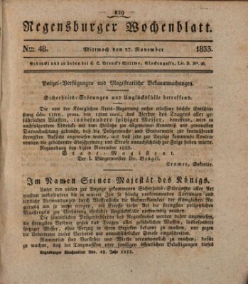 Regensburger Wochenblatt Mittwoch 27. November 1833