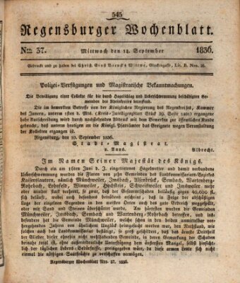 Regensburger Wochenblatt Mittwoch 14. September 1836