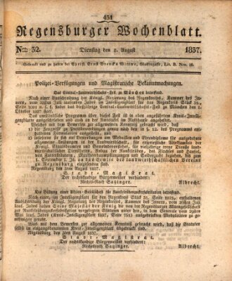 Regensburger Wochenblatt Dienstag 8. August 1837