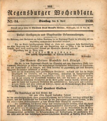 Regensburger Wochenblatt Dienstag 2. April 1839