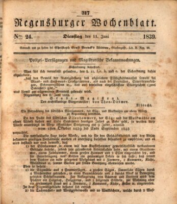 Regensburger Wochenblatt Dienstag 11. Juni 1839