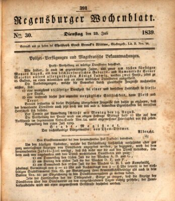Regensburger Wochenblatt Dienstag 23. Juli 1839