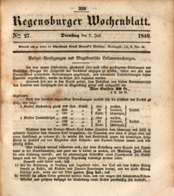 Regensburger Wochenblatt Dienstag 7. Juli 1840