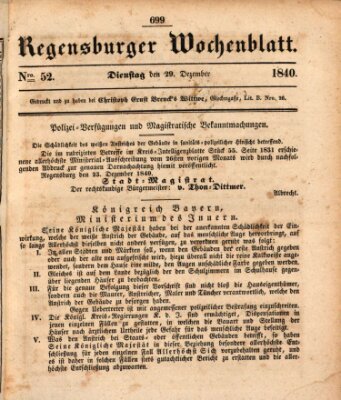 Regensburger Wochenblatt Dienstag 29. Dezember 1840