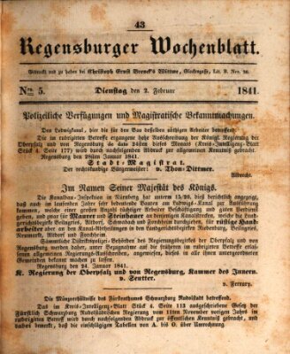 Regensburger Wochenblatt Dienstag 2. Februar 1841
