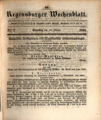 Regensburger Wochenblatt Dienstag 15. Februar 1842