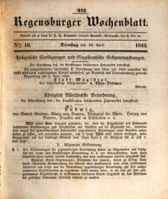 Regensburger Wochenblatt Dienstag 19. April 1842