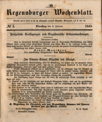 Regensburger Wochenblatt Dienstag 4. Februar 1845