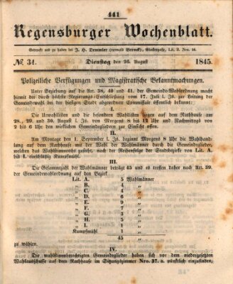 Regensburger Wochenblatt Dienstag 26. August 1845