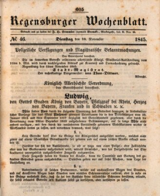 Regensburger Wochenblatt Dienstag 18. November 1845
