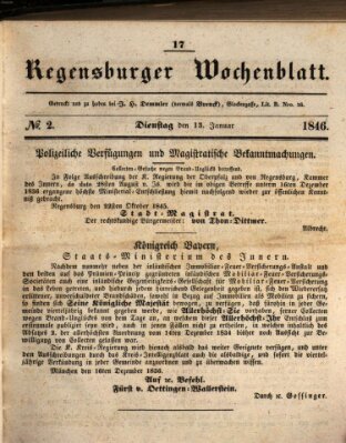 Regensburger Wochenblatt Dienstag 13. Januar 1846