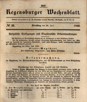 Regensburger Wochenblatt Dienstag 30. Juni 1846