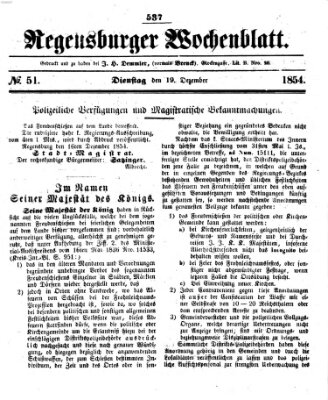 Regensburger Wochenblatt Dienstag 19. Dezember 1854