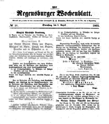 Regensburger Wochenblatt Dienstag 5. August 1862