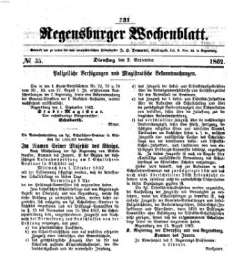 Regensburger Wochenblatt Dienstag 2. September 1862
