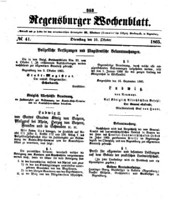 Regensburger Wochenblatt Dienstag 10. Oktober 1865