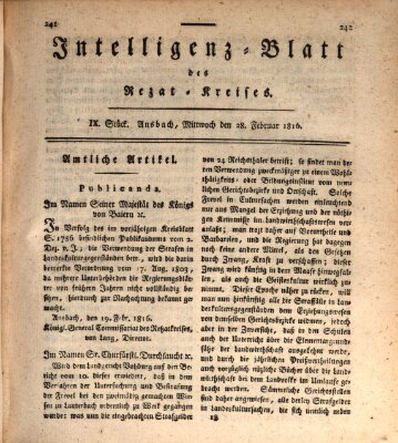 Intelligenzblatt des Rezat-Kreises (Ansbacher Intelligenz-Zeitung) Mittwoch 28. Februar 1816