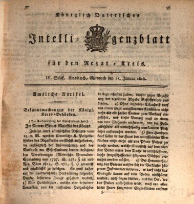 Königlich Bayerisches Intelligenzblatt für den Rezat-Kreis (Ansbacher Intelligenz-Zeitung) Mittwoch 21. Januar 1818