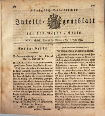 Königlich Bayerisches Intelligenzblatt für den Rezat-Kreis (Ansbacher Intelligenz-Zeitung) Mittwoch 7. Juli 1819