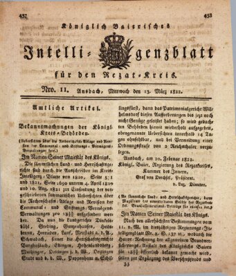 Königlich Bayerisches Intelligenzblatt für den Rezat-Kreis (Ansbacher Intelligenz-Zeitung) Mittwoch 13. März 1822