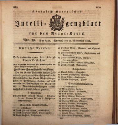 Königlich Bayerisches Intelligenzblatt für den Rezat-Kreis (Ansbacher Intelligenz-Zeitung) Mittwoch 25. September 1822