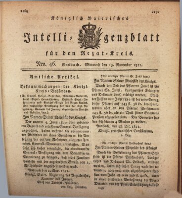 Königlich Bayerisches Intelligenzblatt für den Rezat-Kreis (Ansbacher Intelligenz-Zeitung) Mittwoch 13. November 1822