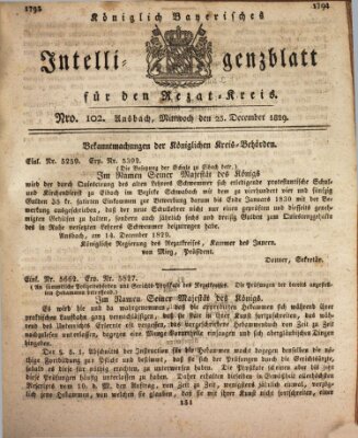 Königlich Bayerisches Intelligenzblatt für den Rezat-Kreis (Ansbacher Intelligenz-Zeitung) Mittwoch 23. Dezember 1829
