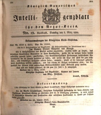 Königlich Bayerisches Intelligenzblatt für den Rezat-Kreis (Ansbacher Intelligenz-Zeitung) Samstag 6. März 1830
