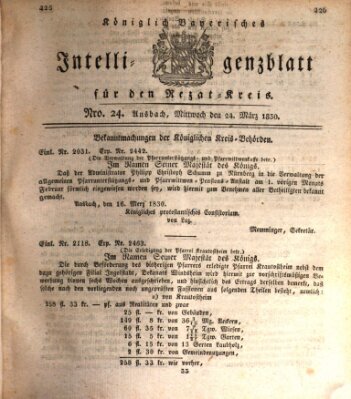 Königlich Bayerisches Intelligenzblatt für den Rezat-Kreis (Ansbacher Intelligenz-Zeitung) Mittwoch 24. März 1830