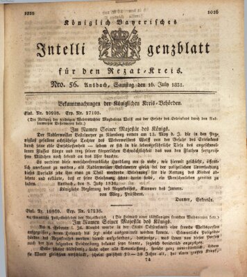 Königlich Bayerisches Intelligenzblatt für den Rezat-Kreis (Ansbacher Intelligenz-Zeitung) Samstag 16. Juli 1831