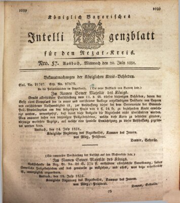 Königlich Bayerisches Intelligenzblatt für den Rezat-Kreis (Ansbacher Intelligenz-Zeitung) Mittwoch 20. Juli 1831
