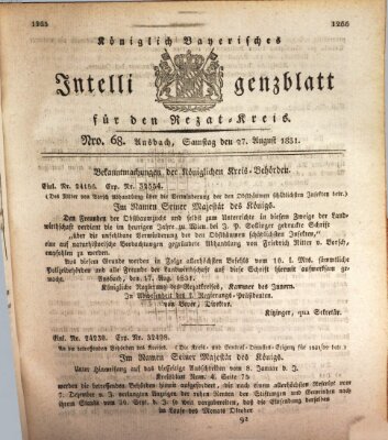 Königlich Bayerisches Intelligenzblatt für den Rezat-Kreis (Ansbacher Intelligenz-Zeitung) Samstag 27. August 1831