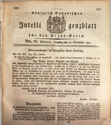Königlich Bayerisches Intelligenzblatt für den Rezat-Kreis (Ansbacher Intelligenz-Zeitung) Samstag 10. September 1831