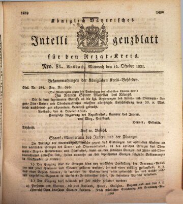 Königlich Bayerisches Intelligenzblatt für den Rezat-Kreis (Ansbacher Intelligenz-Zeitung) Mittwoch 12. Oktober 1831