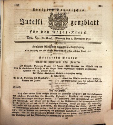 Königlich Bayerisches Intelligenzblatt für den Rezat-Kreis (Ansbacher Intelligenz-Zeitung) Mittwoch 2. November 1831