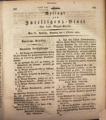 Königlich Bayerisches Intelligenzblatt für den Rezat-Kreis (Ansbacher Intelligenz-Zeitung) Samstag 1. Oktober 1831