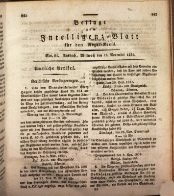 Königlich Bayerisches Intelligenzblatt für den Rezat-Kreis (Ansbacher Intelligenz-Zeitung) Mittwoch 16. November 1831