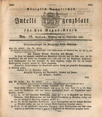 Königlich Bayerisches Intelligenzblatt für den Rezat-Kreis (Ansbacher Intelligenz-Zeitung) Samstag 22. September 1832