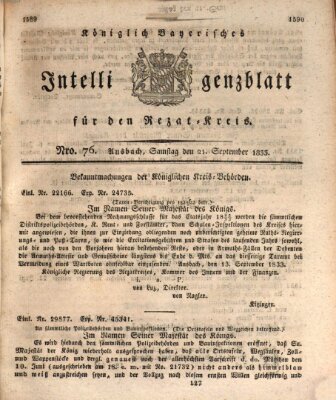 Königlich Bayerisches Intelligenzblatt für den Rezat-Kreis (Ansbacher Intelligenz-Zeitung) Samstag 21. September 1833