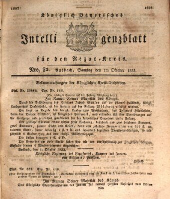Königlich Bayerisches Intelligenzblatt für den Rezat-Kreis (Ansbacher Intelligenz-Zeitung) Samstag 12. Oktober 1833